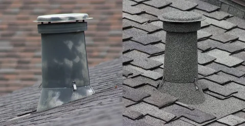 A bare galvanized vent on the left and the same vent stone coated on the right