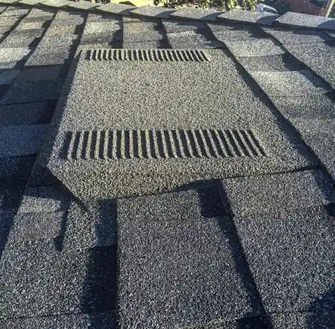 Dark stone coated louvered low profile vent on dark shingles