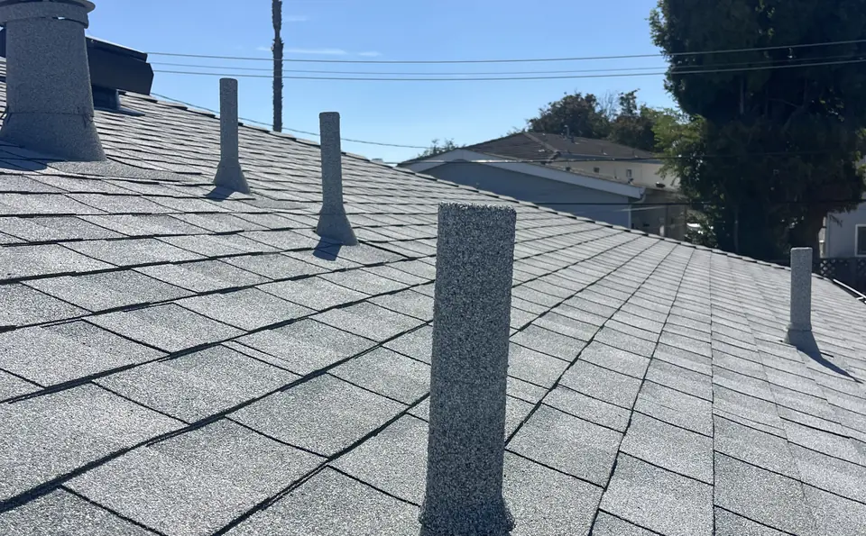 A row of stone coated pipes on a grey shingle roof with a palm tree beyond